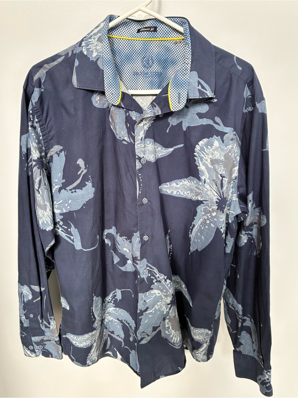 Bugatchi Navy Floral Button-Down Shirt with Light Blue Print